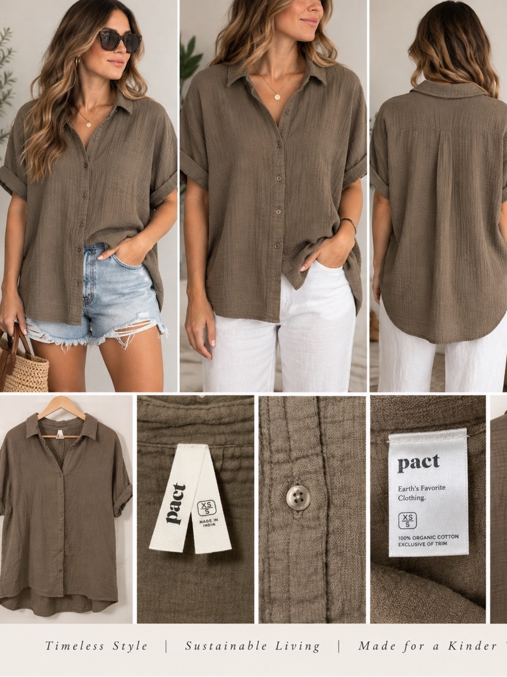 Pact Organic Cotton Gauze Oversized Button Up Shirt XS/S Olive